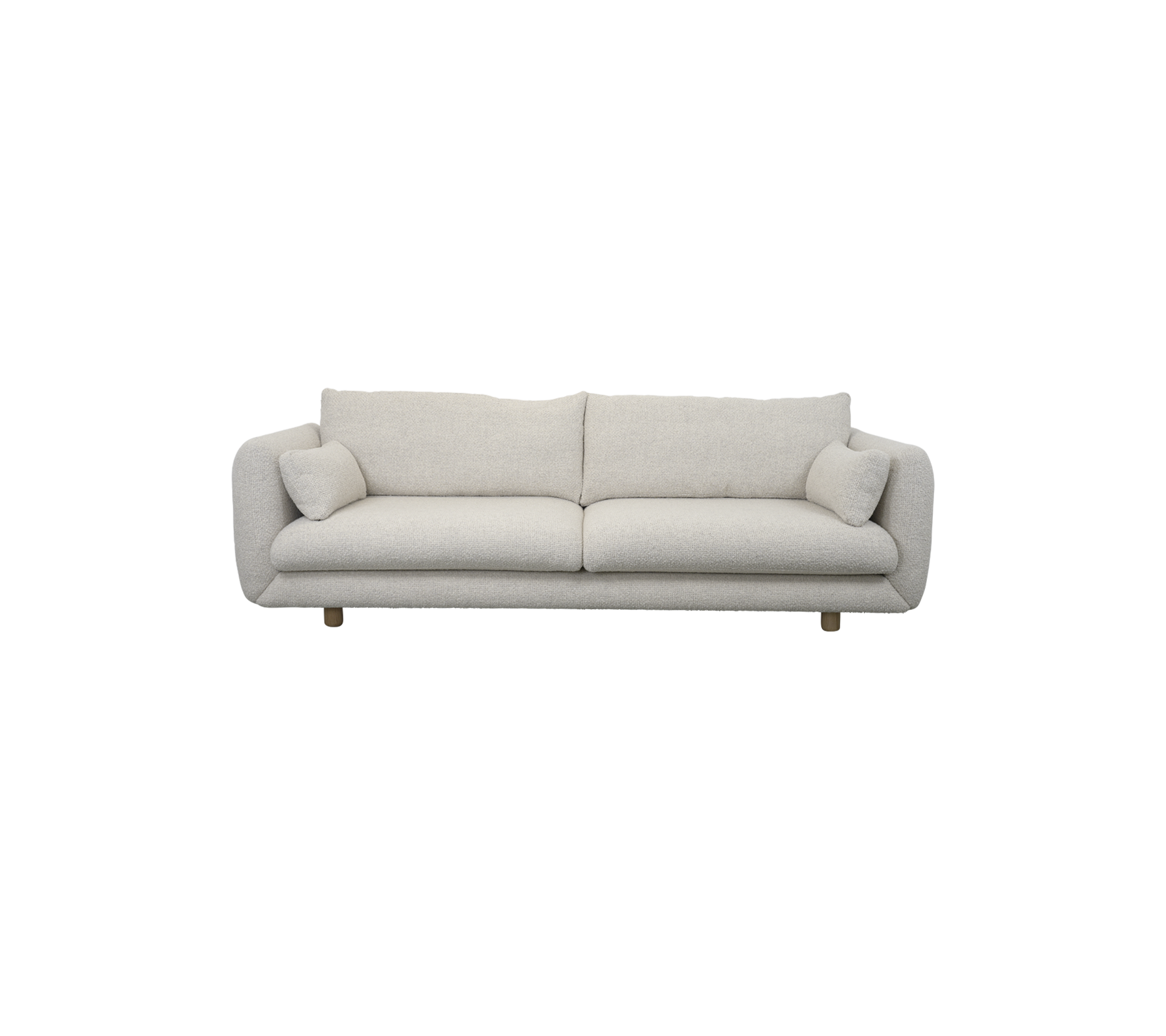 Canapé en velours de couleur claire avec deux coussins assortis, présentant un design moderne et des lignes épurées pour une option de sièges élégante.
