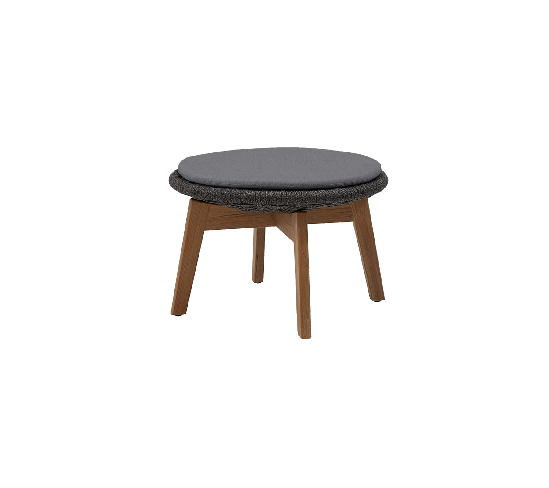 Ottoman rond avec un dessus rembourré gris foncé et des pieds en bois, conçu pour un siège polyvalent ou comme repose-pieds.