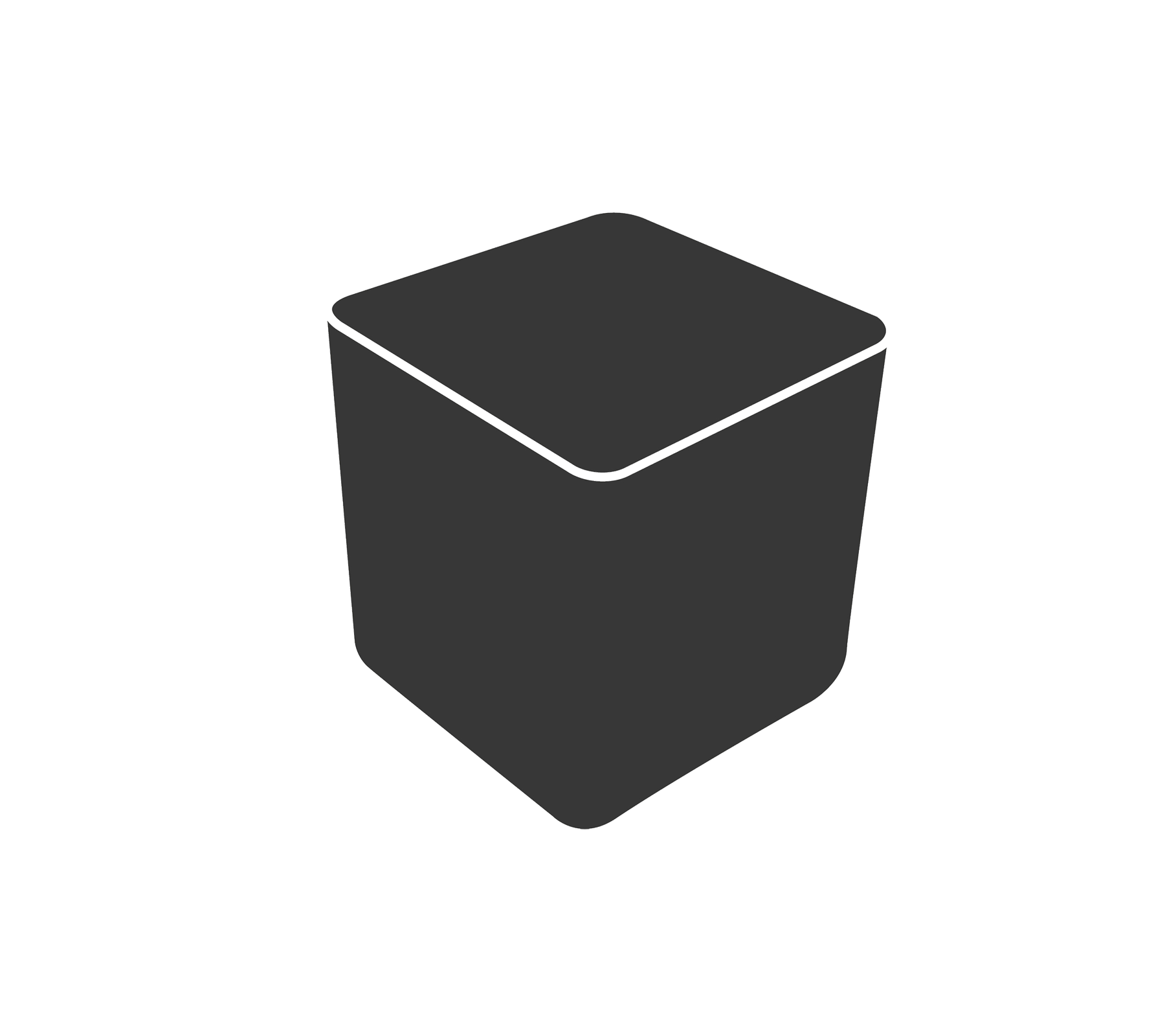 Un conteneur simple en forme de cube de couleur sombre avec un dessus légèrement ouvert, présentant des bords lisses et arrondis.