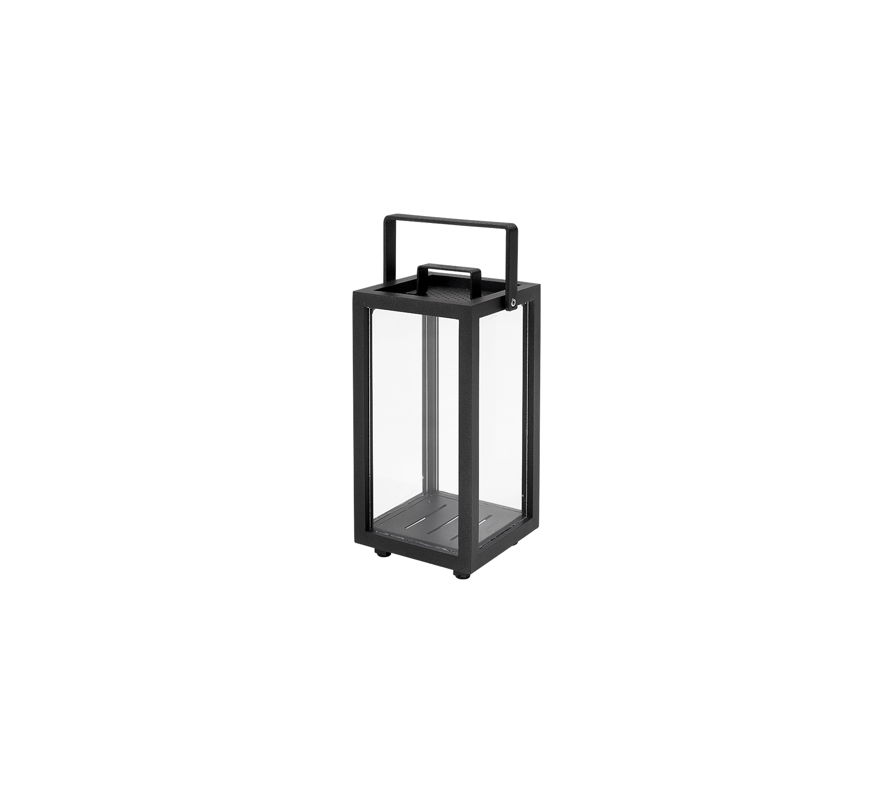 Lanterne carrée avec un cadre noir et des panneaux en verre, avec une poignée en haut pour un transport facile.