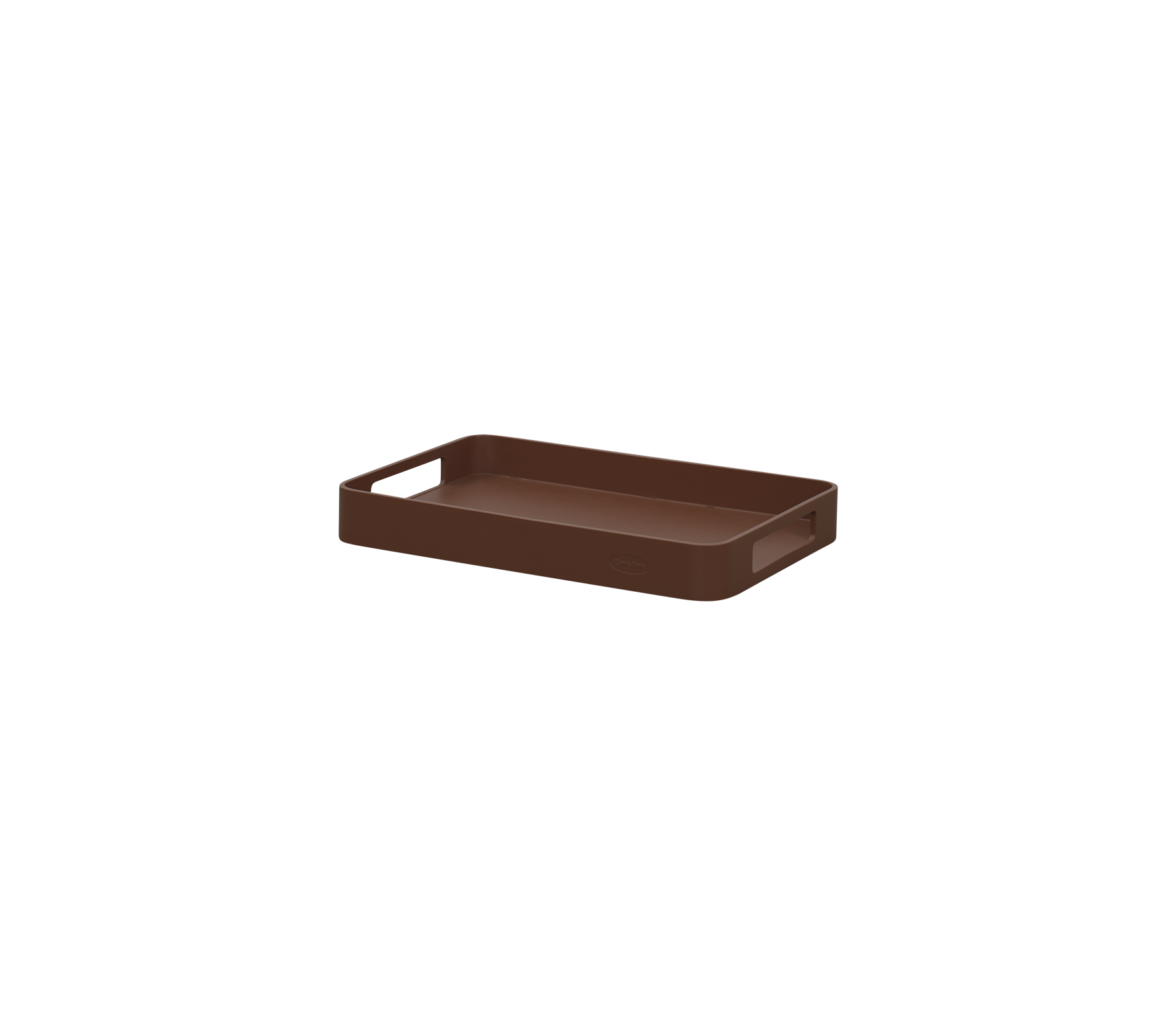 Plateau rectangulaire brun avec bords surélevés et poignées pour un transport facile, idéal pour organiser ou servir des articles.
