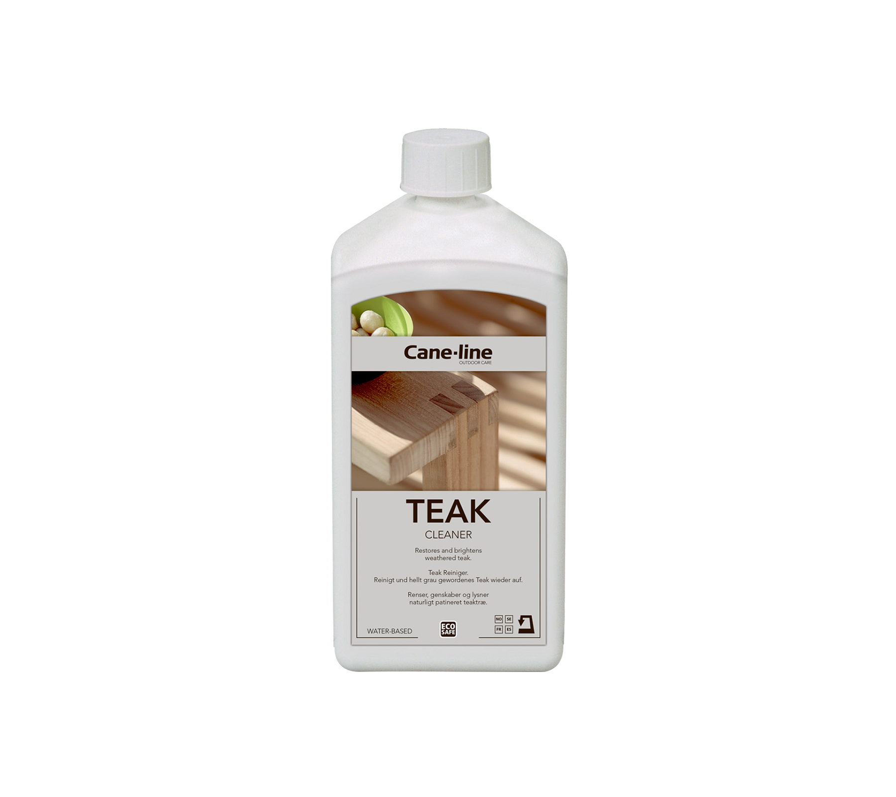 Bouteille d'huile de teck pour l'entretien du bois, avec une étiquette contenant des informations sur le produit et des instructions d'utilisation.
