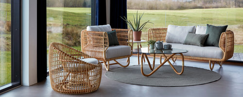 Des sièges de salon confortables avec des meubles en rotin, des coussins doux, une table en verre et des plantes décoratives, créant une atmosphère élégante et accueillante.