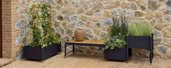 Une exposition de jardinières élégantes avec diverses plantes vertes, complétée par un banc en bois contre un mur de pierre rustique.