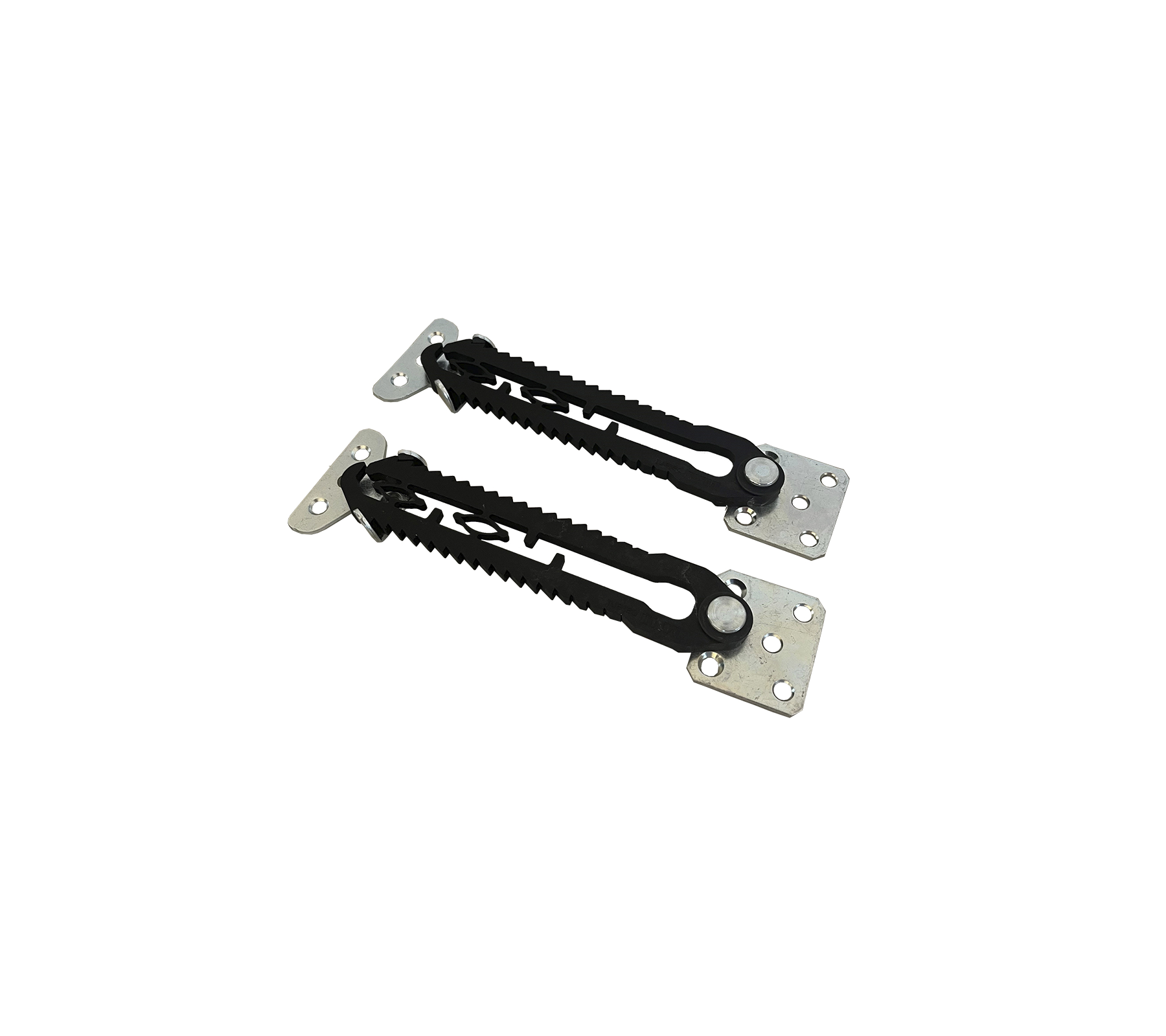 Une paire de supports métalliques réglables avec des sangles en caoutchouc noir, conçue pour un maintien sécurisé et un support dans diverses applications.