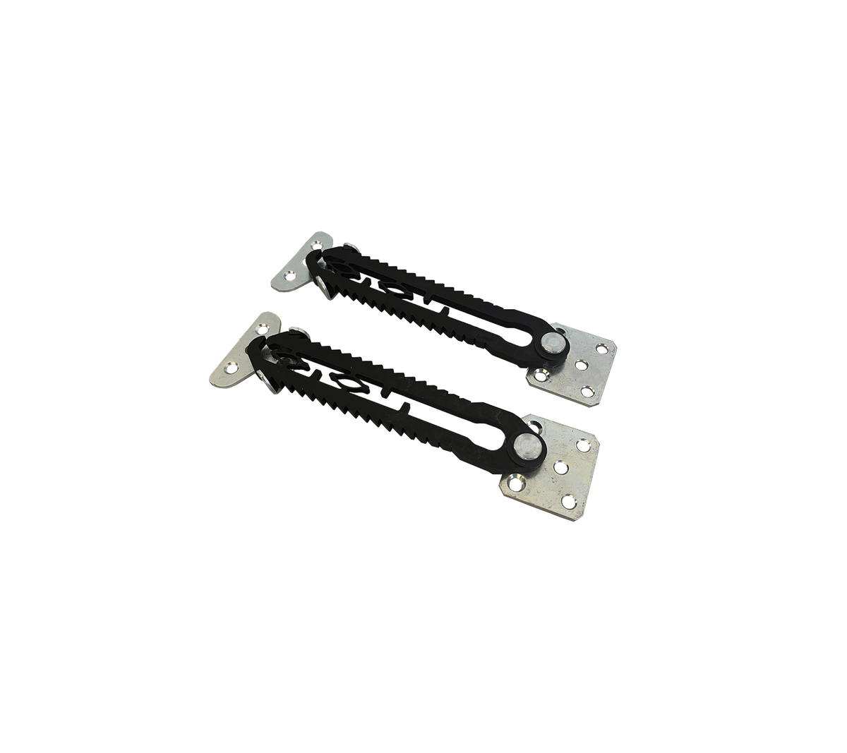 Une paire de supports métalliques réglables avec des sangles en caoutchouc noir, conçue pour un maintien sécurisé et un support dans diverses applications.