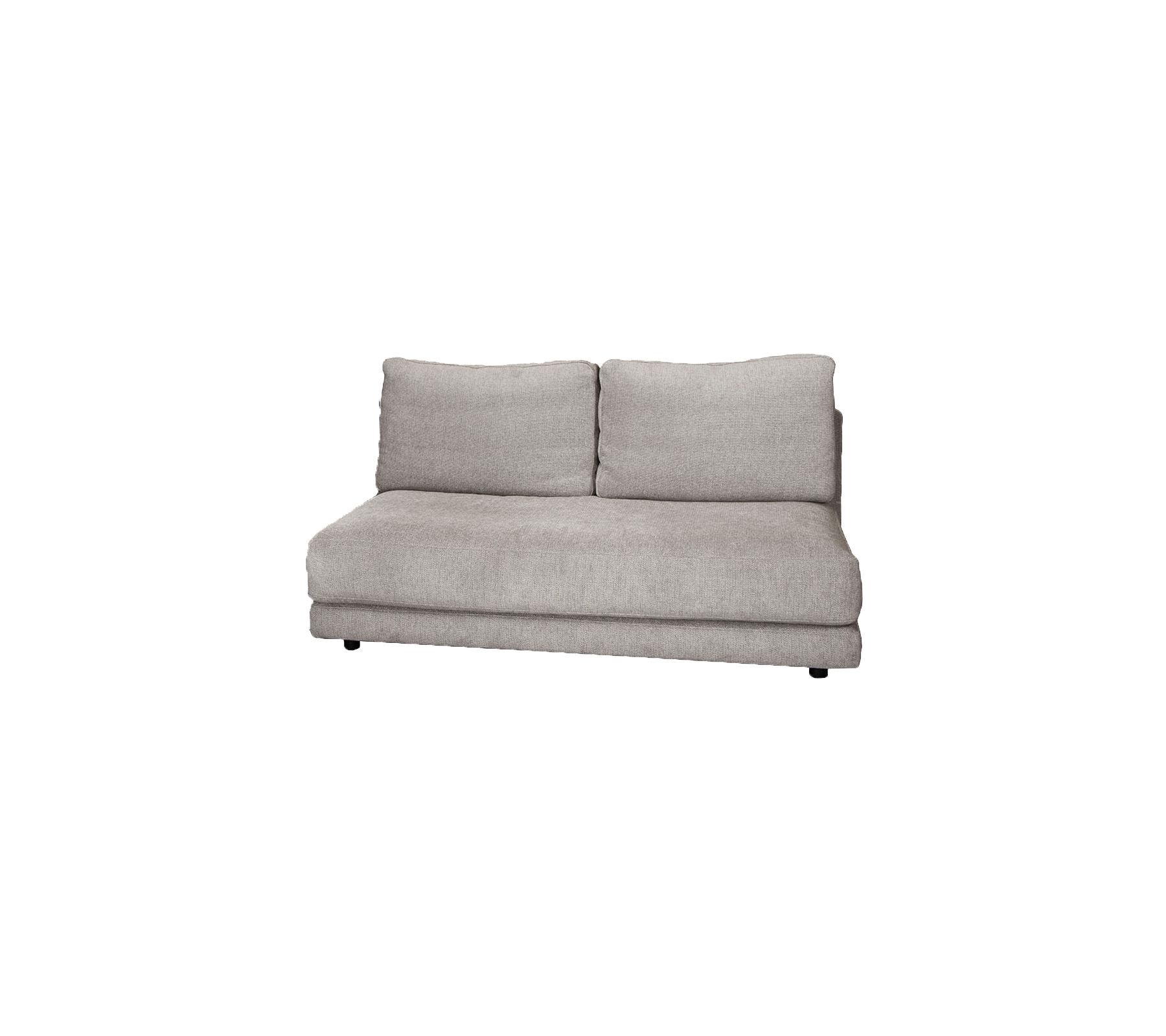 Canapé rembourré gris clair avec deux coussins de dos, conçu pour le confort et une esthétique moderne. Idéal pour des arrangements de sièges conviviaux.