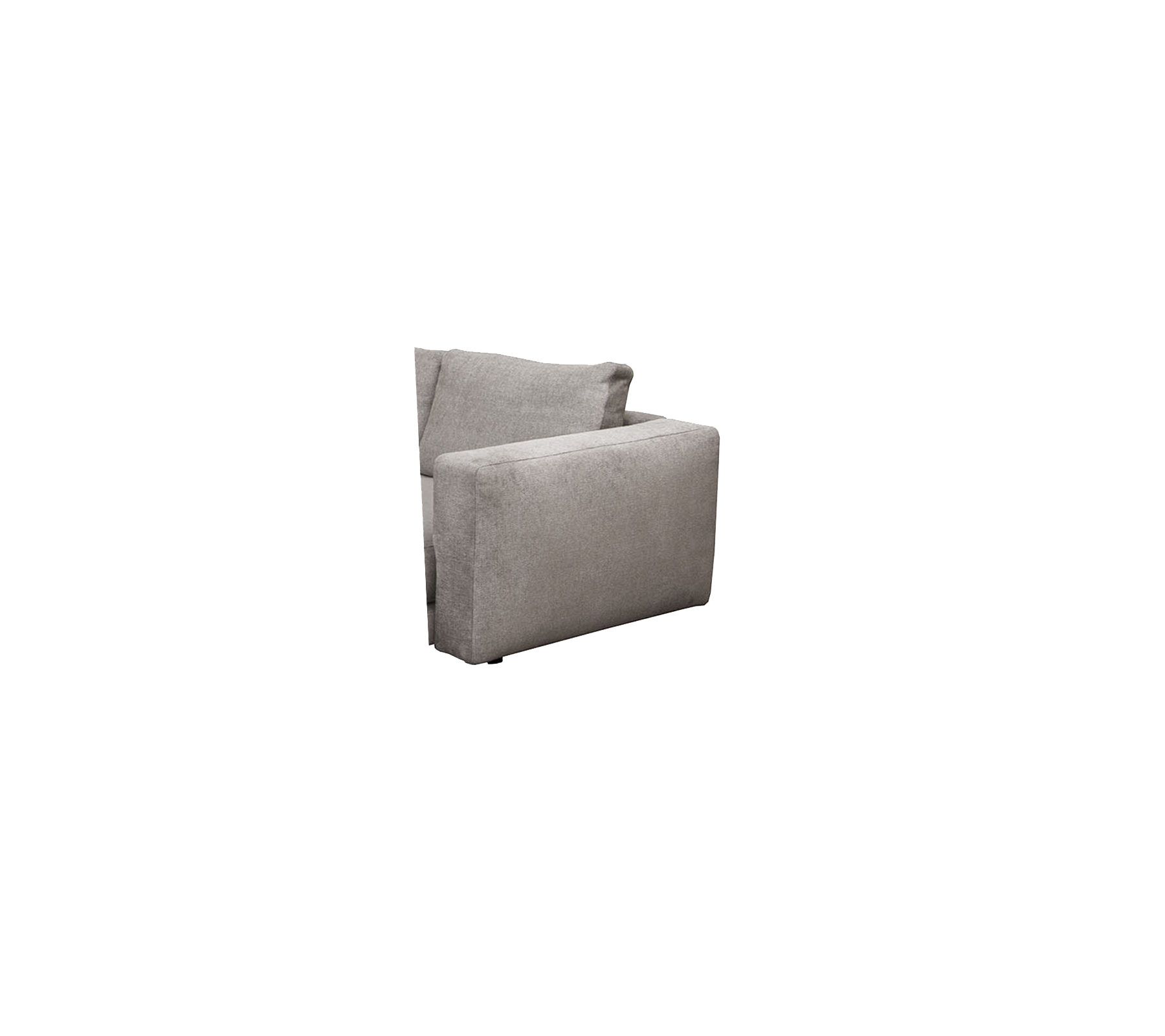 Un fauteuil moderne et minimaliste en tissu gris doux, avec des lignes épurées et un design contemporain. Idéal pour s'asseoir avec style.