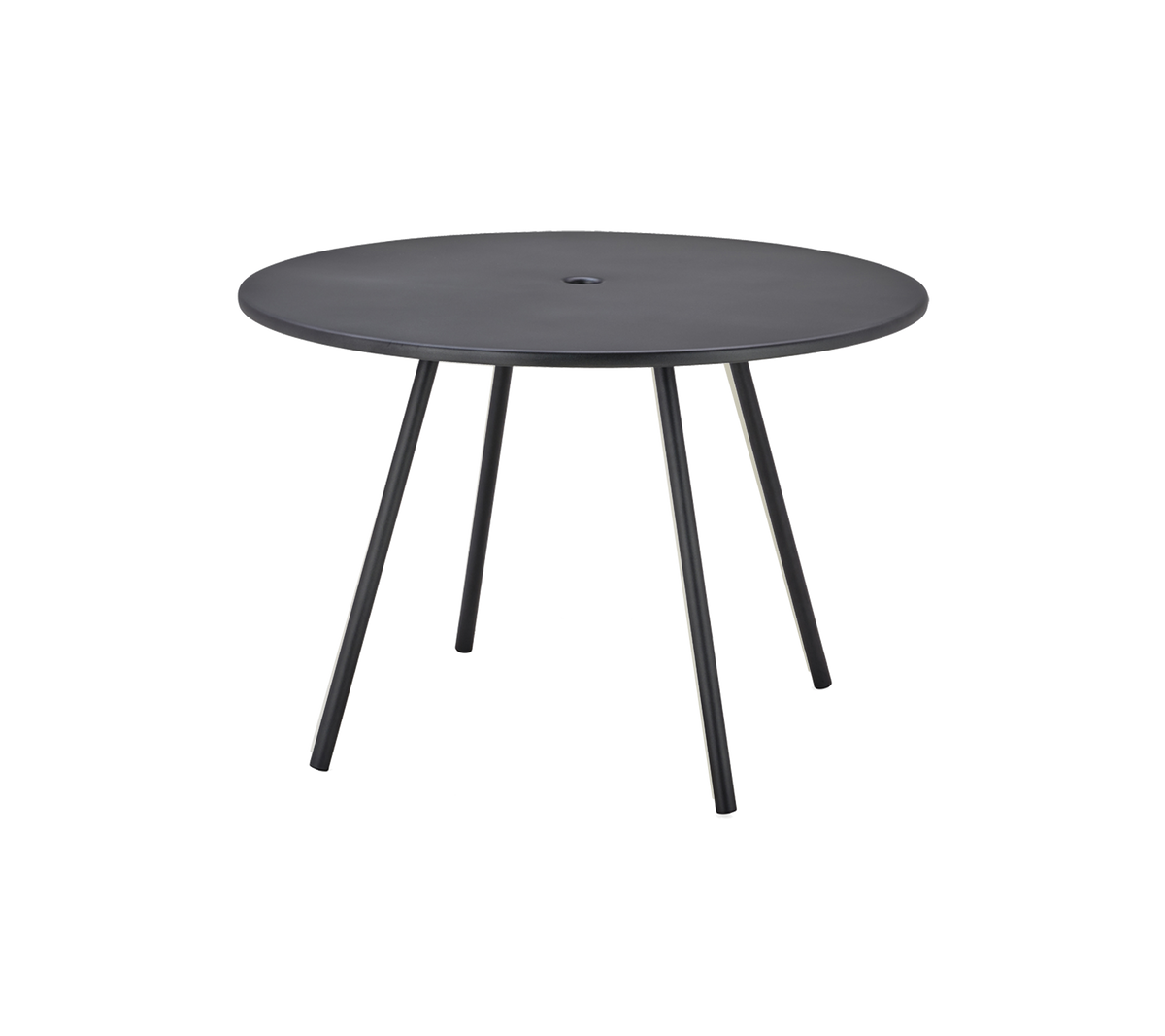 Table ronde noire avec une surface lisse et trois pieds fins, conçue pour un usage polyvalent.