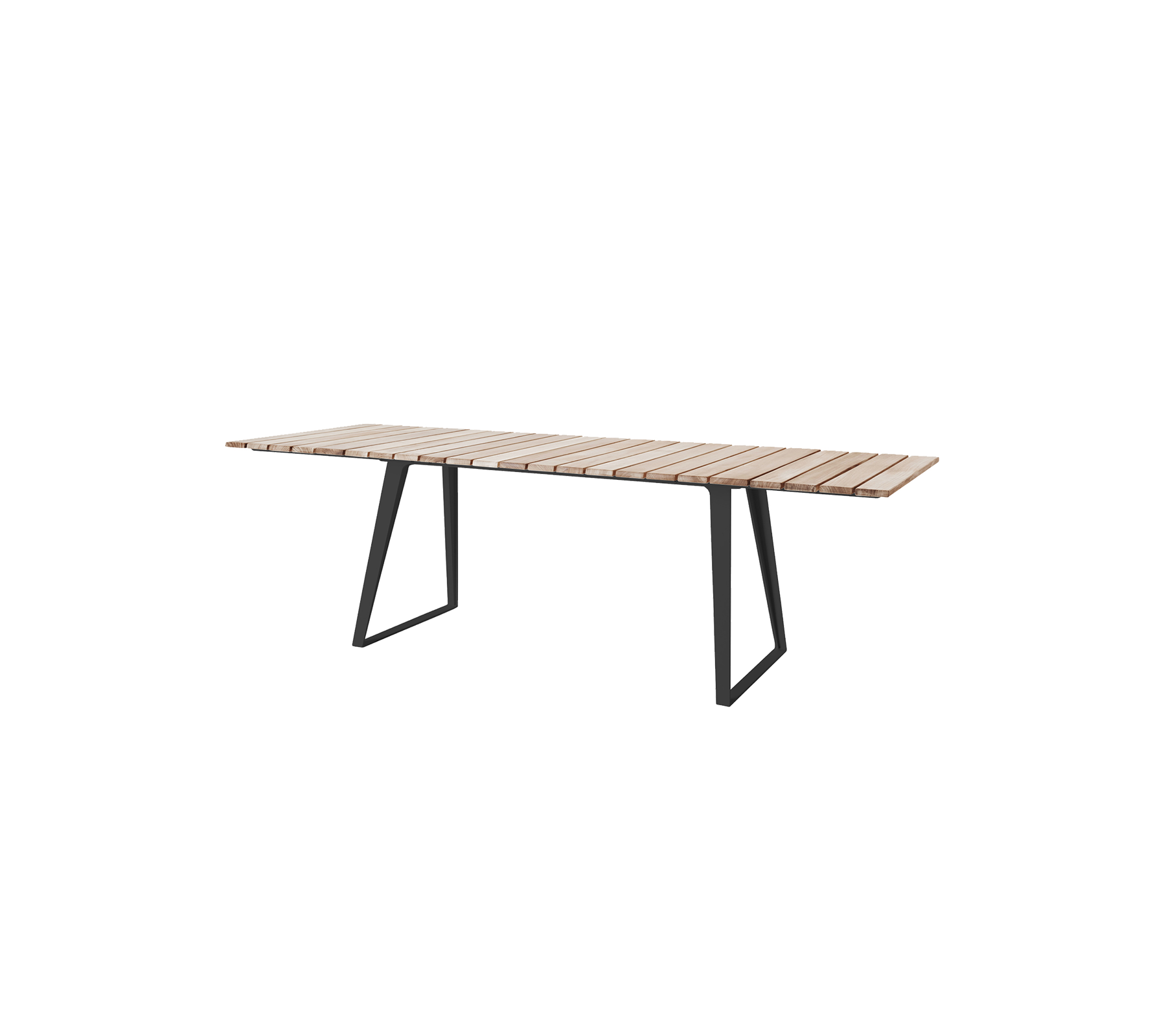 Table en bois moderne avec un plateau à lattes et des pieds en métal élégants, adaptée à divers contextes et rassemblements.