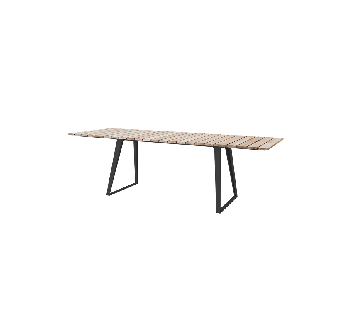 Table en bois moderne avec un plateau à lattes et des pieds en métal élégants, adaptée à divers contextes et rassemblements.
