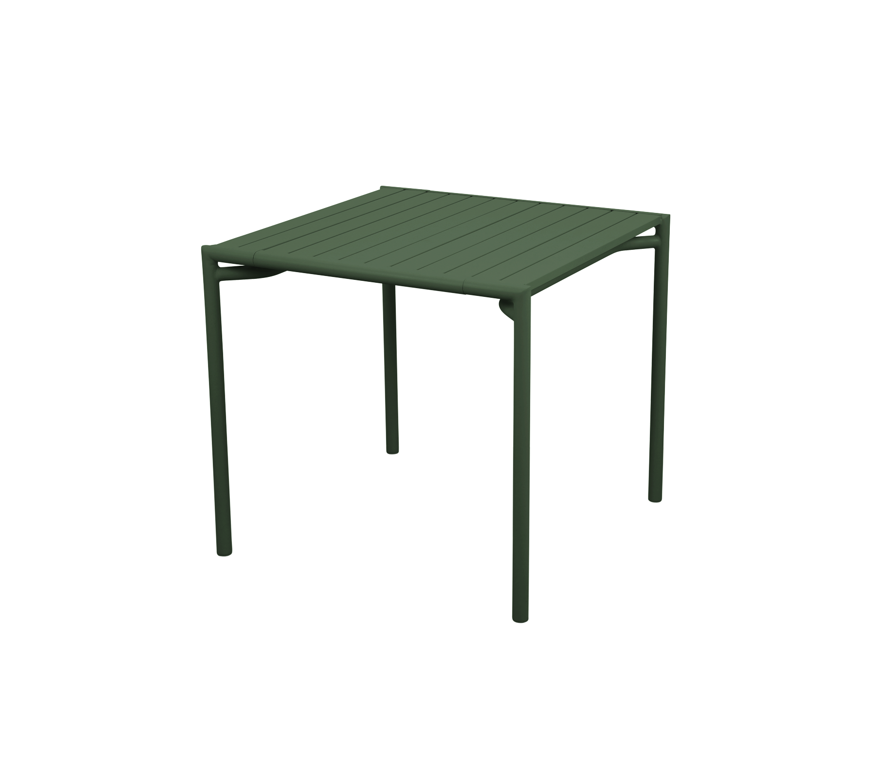 Table carrée avec une surface en lattes et des pieds robustes verts, conçue pour une utilisation polyvalente dans divers environnements.