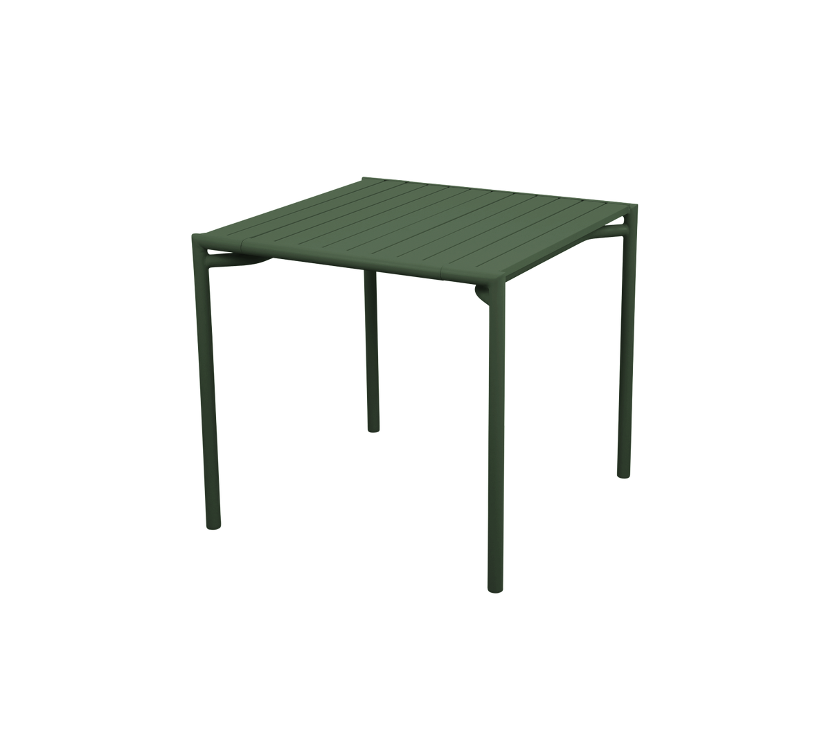 Table carrée avec une surface en lattes et des pieds robustes verts, conçue pour une utilisation polyvalente dans divers environnements.