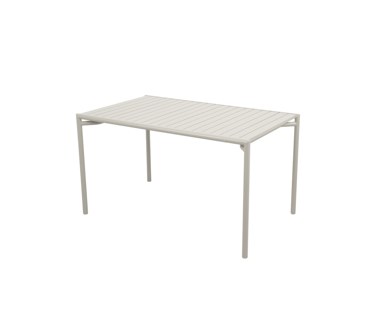 Table rectangulaire avec une surface à lattes et quatre pieds droits, présentant un design moderne et minimaliste dans une couleur claire.