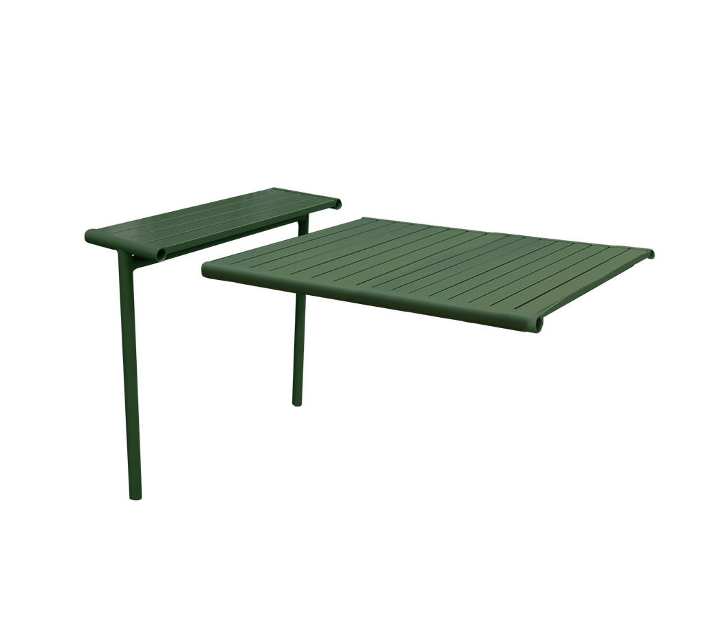 Feuille d'extension en aluminium semi-brillant vert foncé pour des solutions de restauration en plein air flexibles.