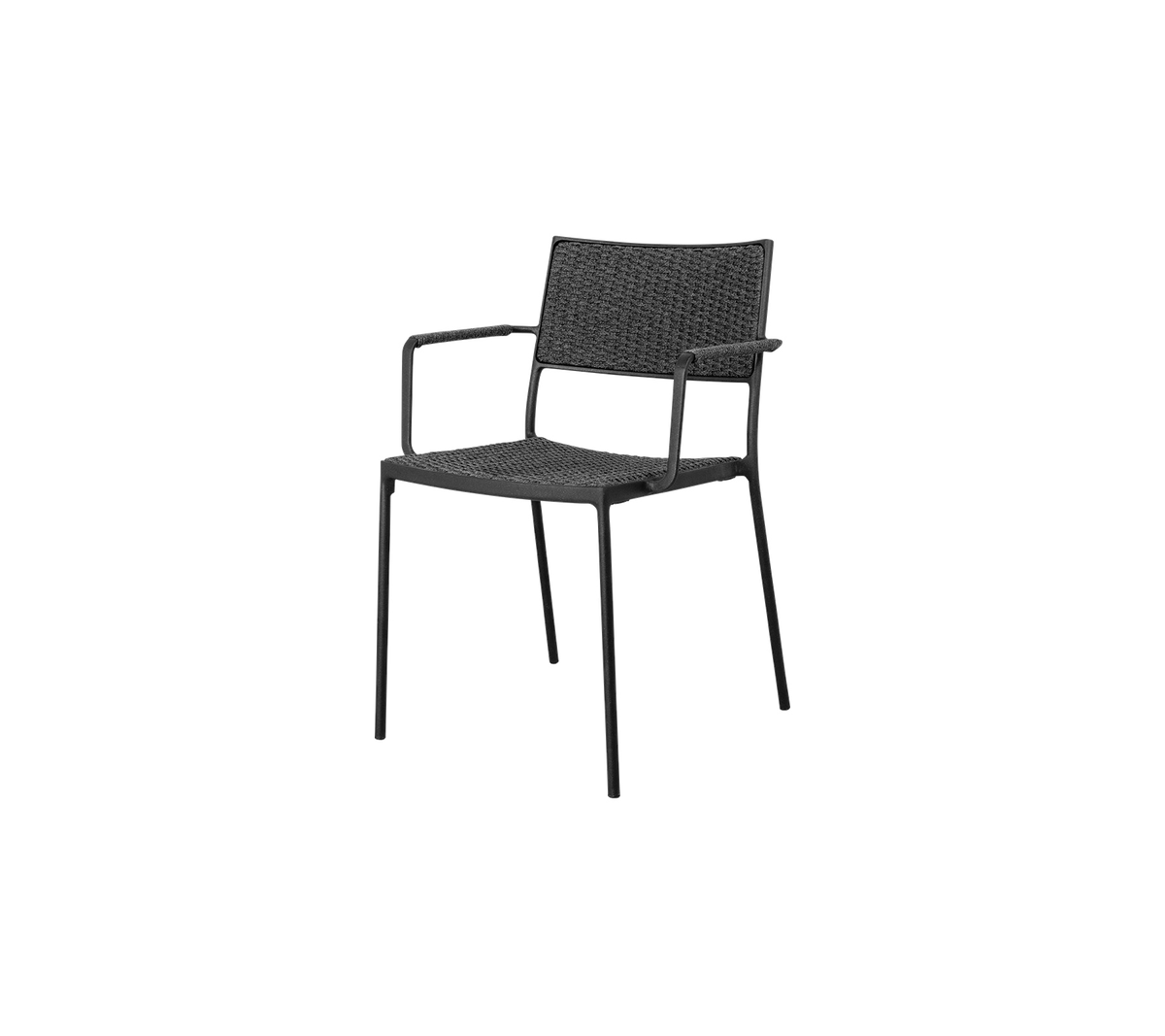 Fauteuil tissé noir au design minimaliste, avec une structure robuste et un siège confortable pour des environnements décontractés ou formels.
