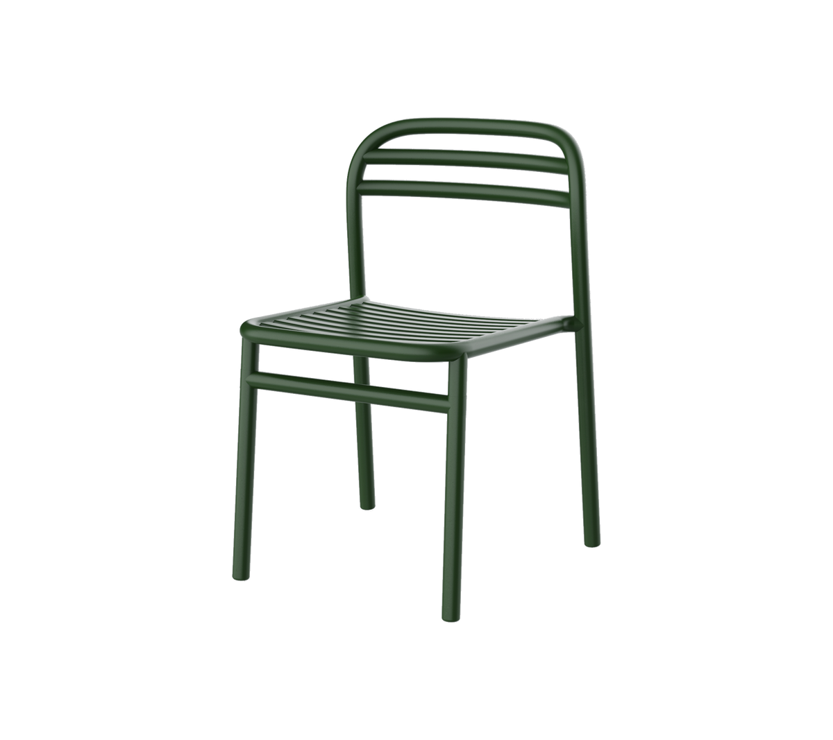 Chaise en métal verte au design simple, dotée d'un siège et d'un dossier à lattes pour le confort et le style. Parfaite pour des environnements polyvalents.