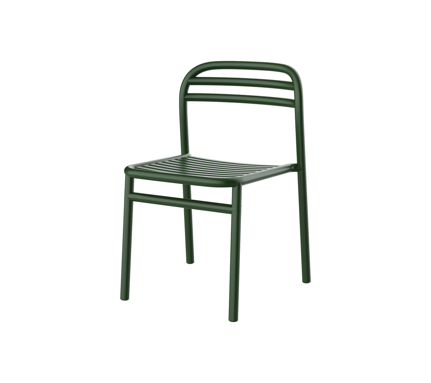 Chaise en métal verte au design simple, dotée d'un siège et d'un dossier à lattes pour le confort et le style. Parfaite pour des environnements polyvalents.
