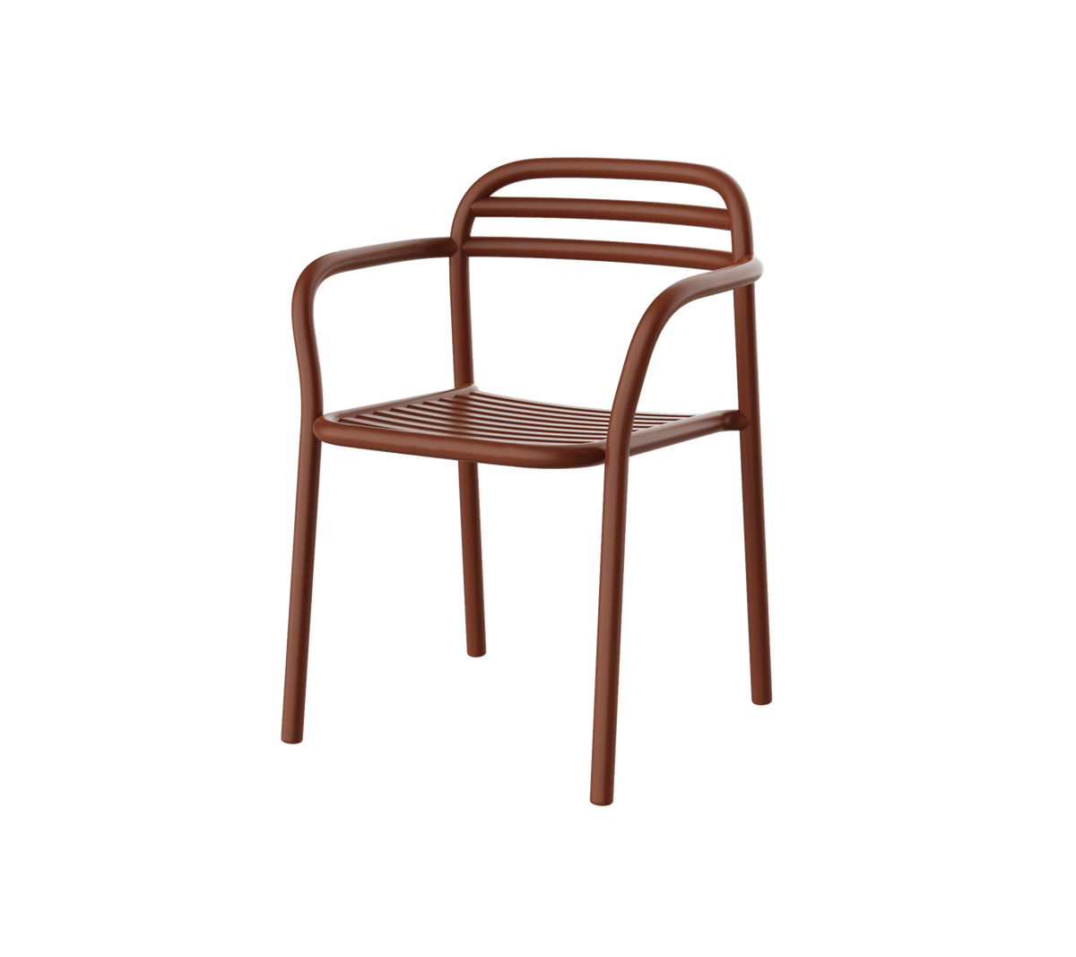 Chaise brune au design moderne avec des accoudoirs incurvés et des lattes horizontales sur le dossier. Idéale pour un siège décontracté.