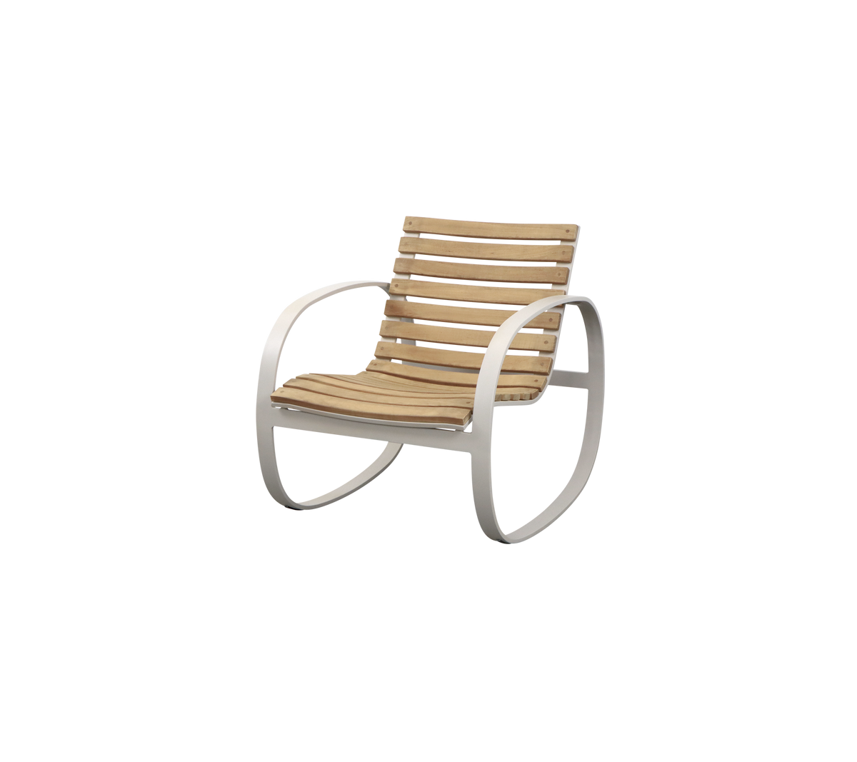 Fauteuil à bascule tendance avec un siège en bois à lattes et un cadre en métal incurvé et élégant. Idéal pour un confort de siège détendu.