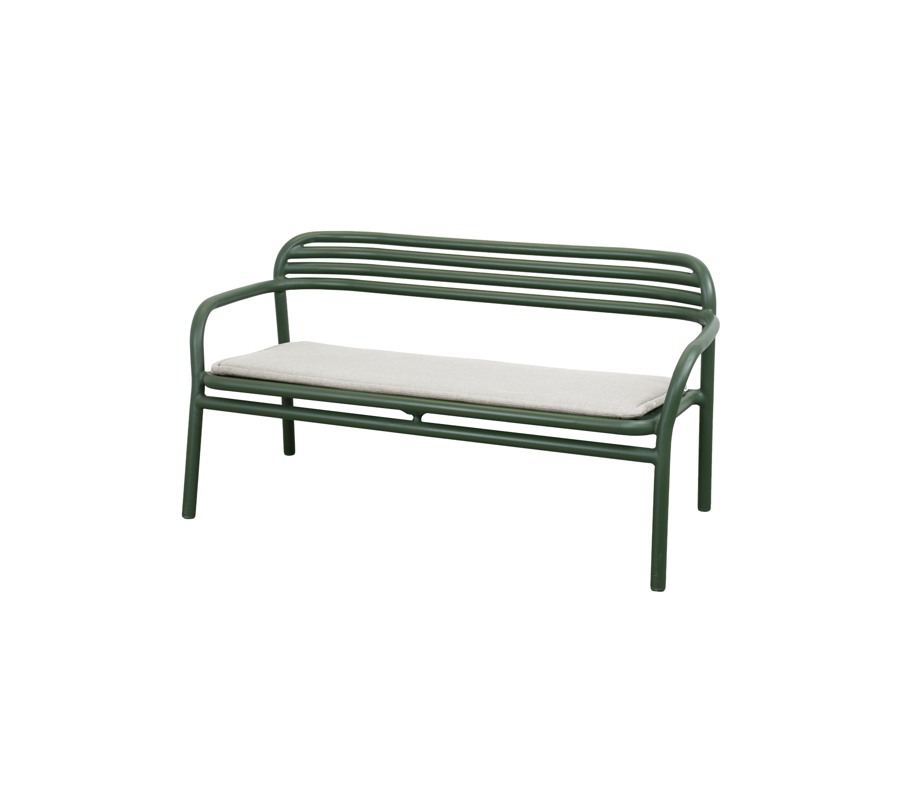 Banc vert foncé avec coussin de sable dans un cadre de salon moderne.