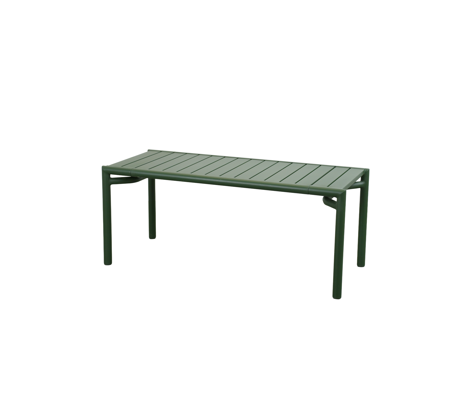 Table verte foncée avec un dessus en lattes et des pieds robustes.