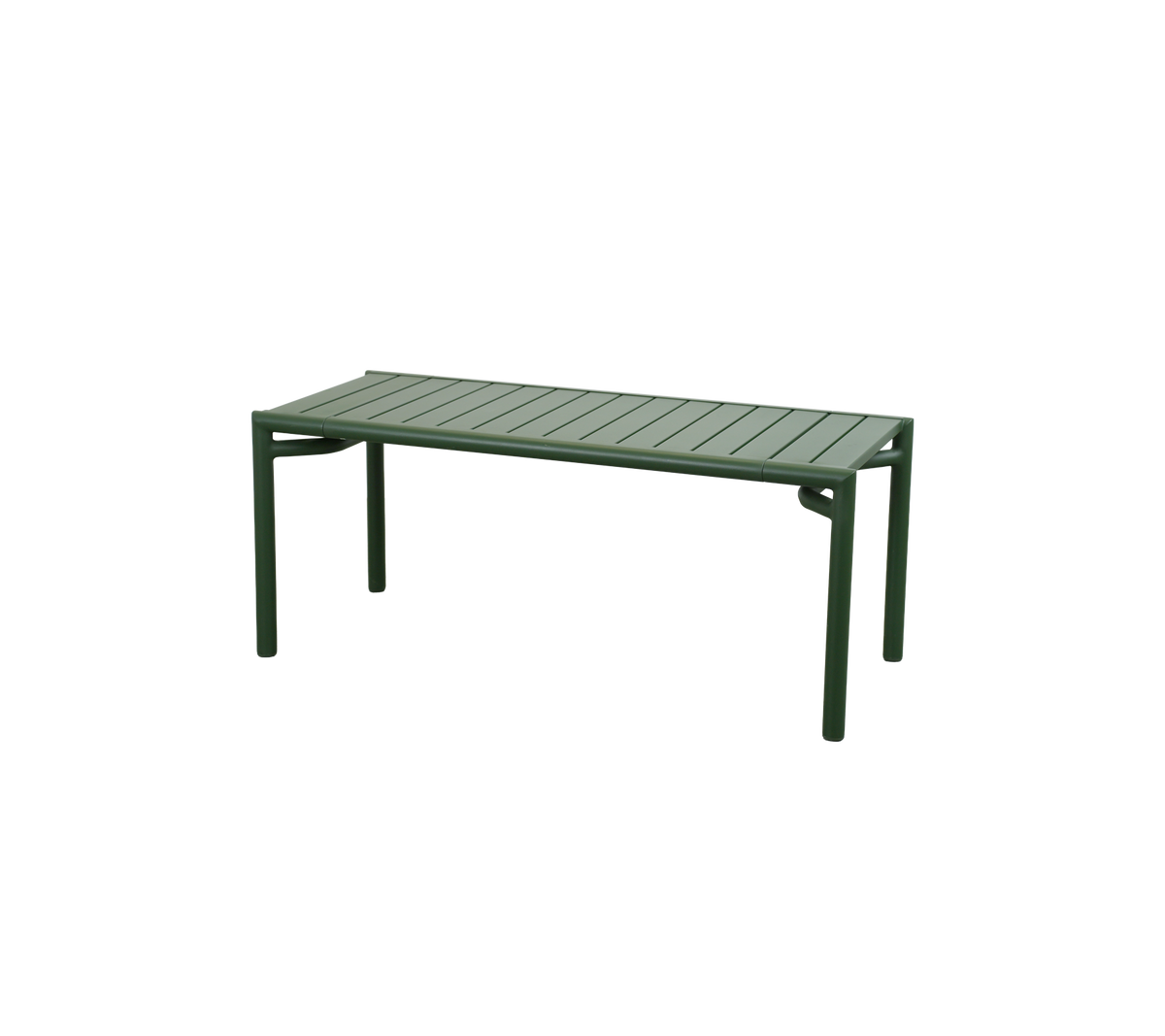 Table verte foncée avec un dessus en lattes et des pieds robustes.