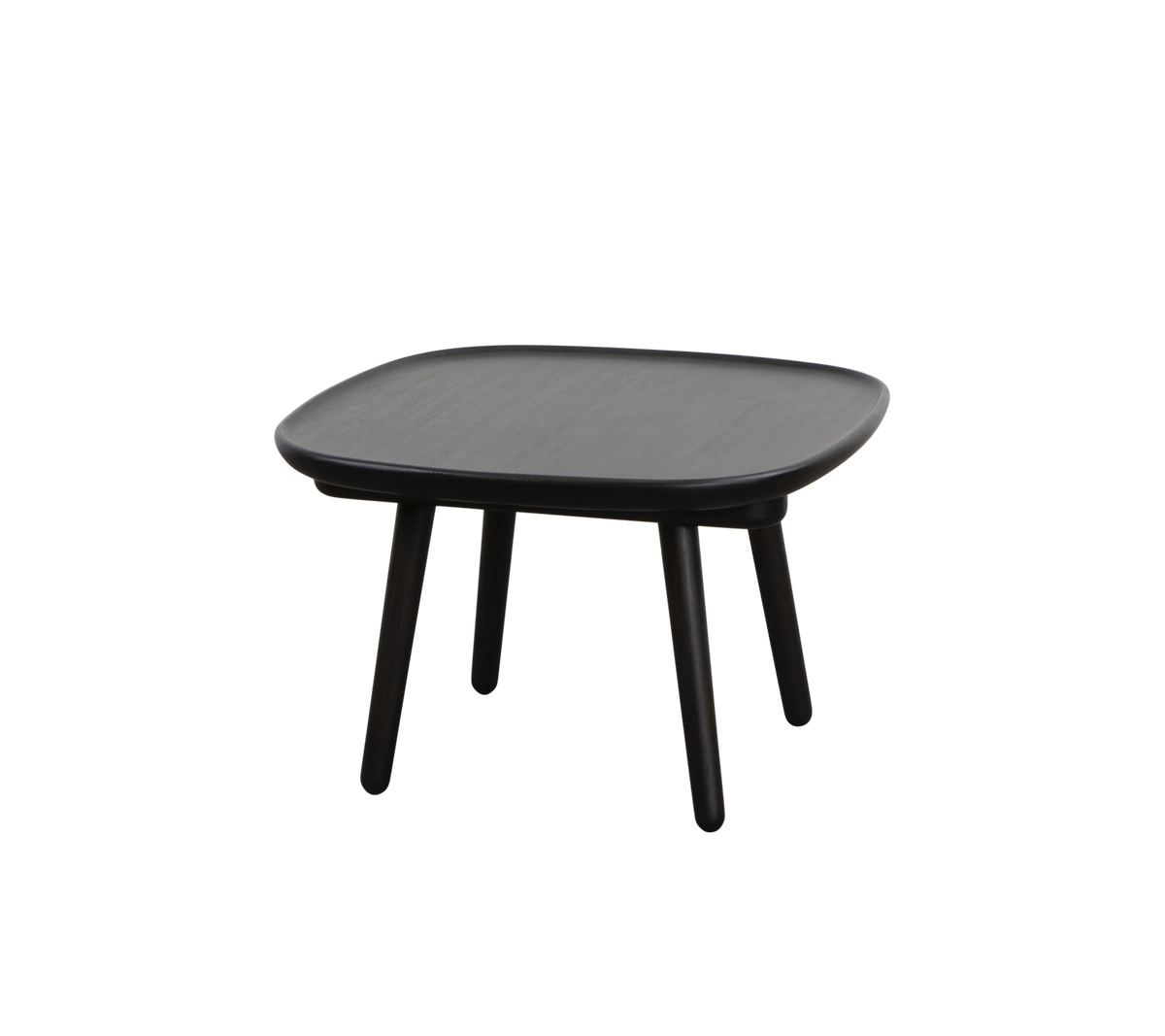 Table noire carrée avec une surface lisse et quatre jambes élancées, conçue pour la polyvalence et la simplicité dans le style.