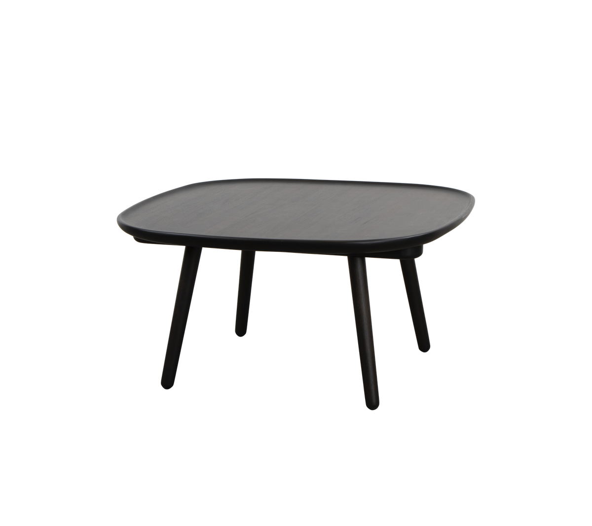 Table noire carrée avec une surface lisse et quatre pieds fins, conçue pour une utilisation polyvalente dans divers contextes.