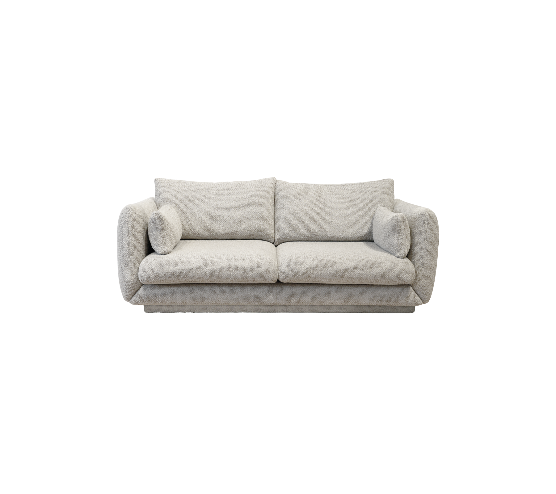 Un canapé moderne et élégant en tissu gris clair avec des coussins moelleux et des bords doux et arrondis pour le confort et l'élégance.