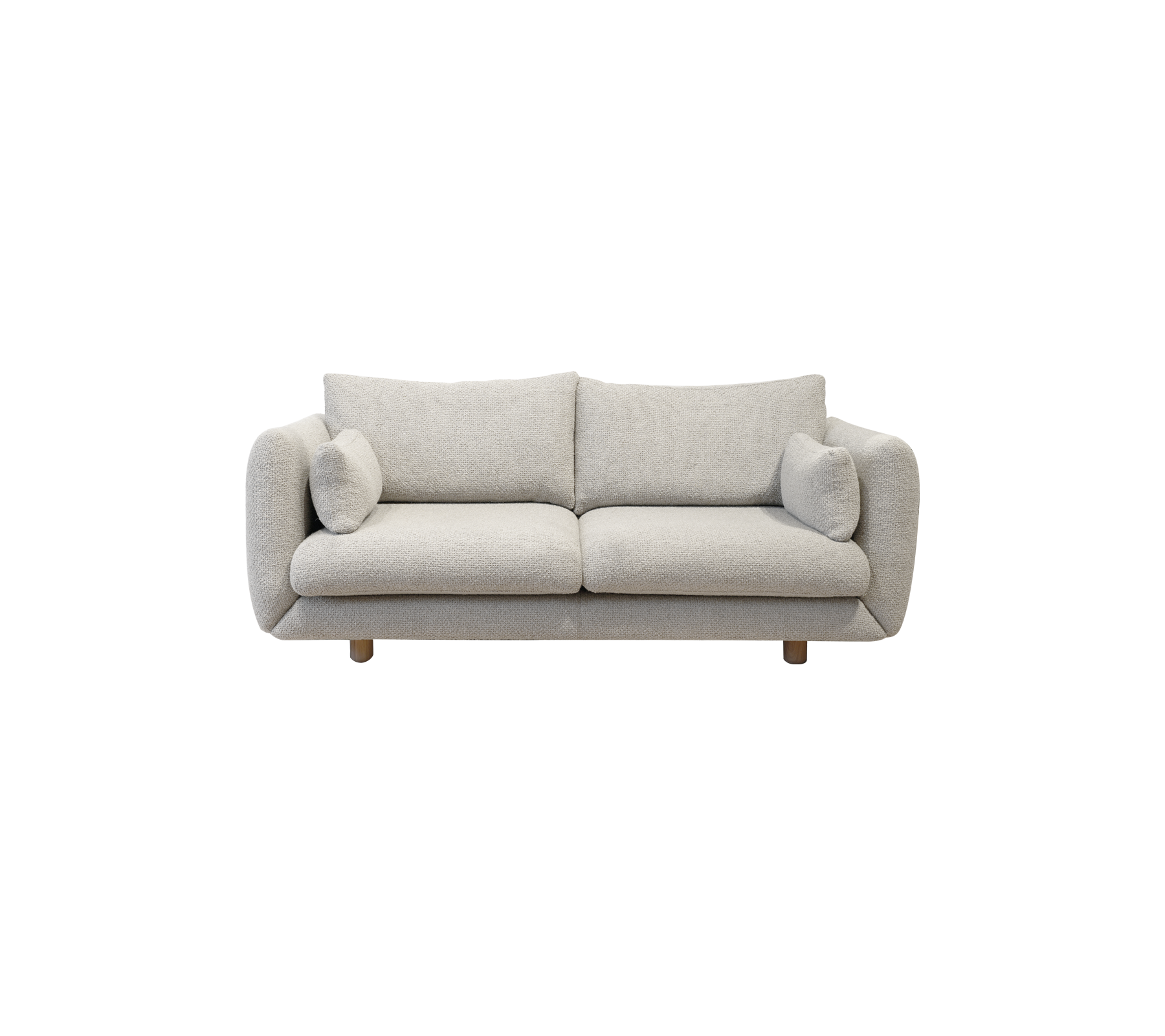 Canapé gris clair confortable avec des accoudoirs arrondis et deux coussins assortis, reposant sur des pieds en bois. Un ajout élégant à tout espace de vie.