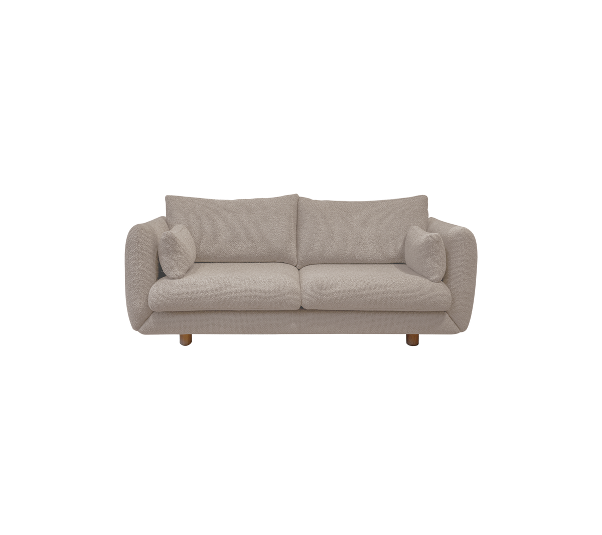 Canapé marron clair avec des coussins ronds dans un cadre de salon moderne.