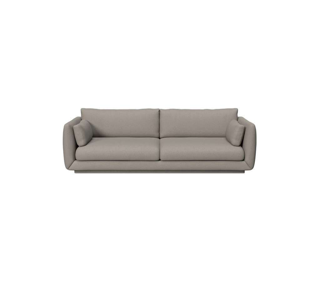 Canapé moderne marron clair avec deux coussins dans un design épuré.