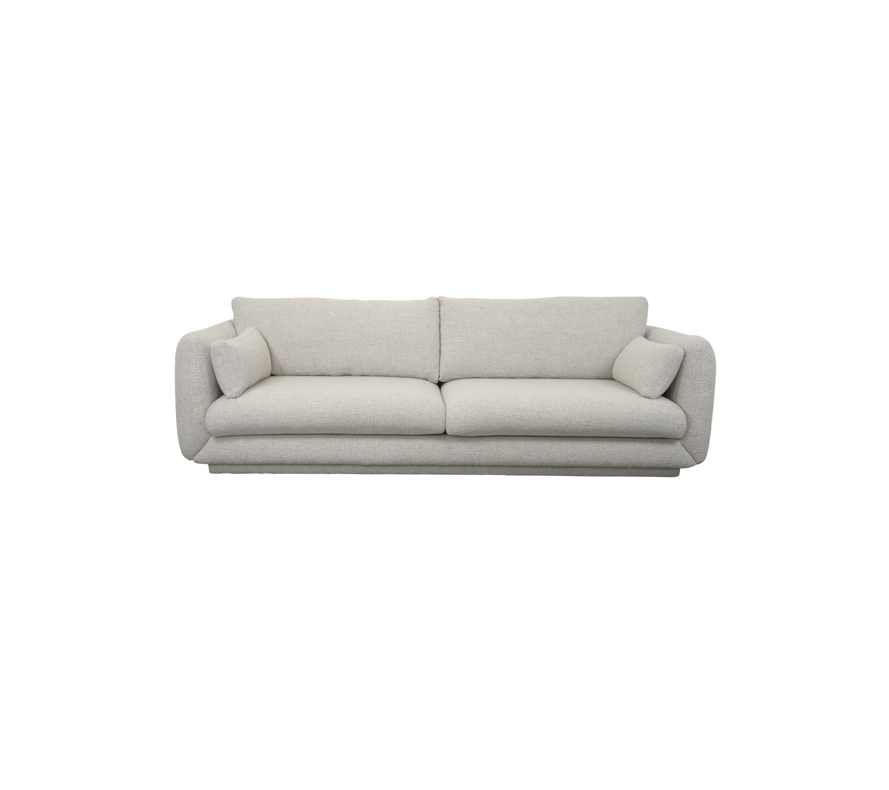 Un canapé moderne, de couleur claire, avec des coussins moelleux et deux coussins décoratifs à chaque extrémité, conçu pour le confort et le style.