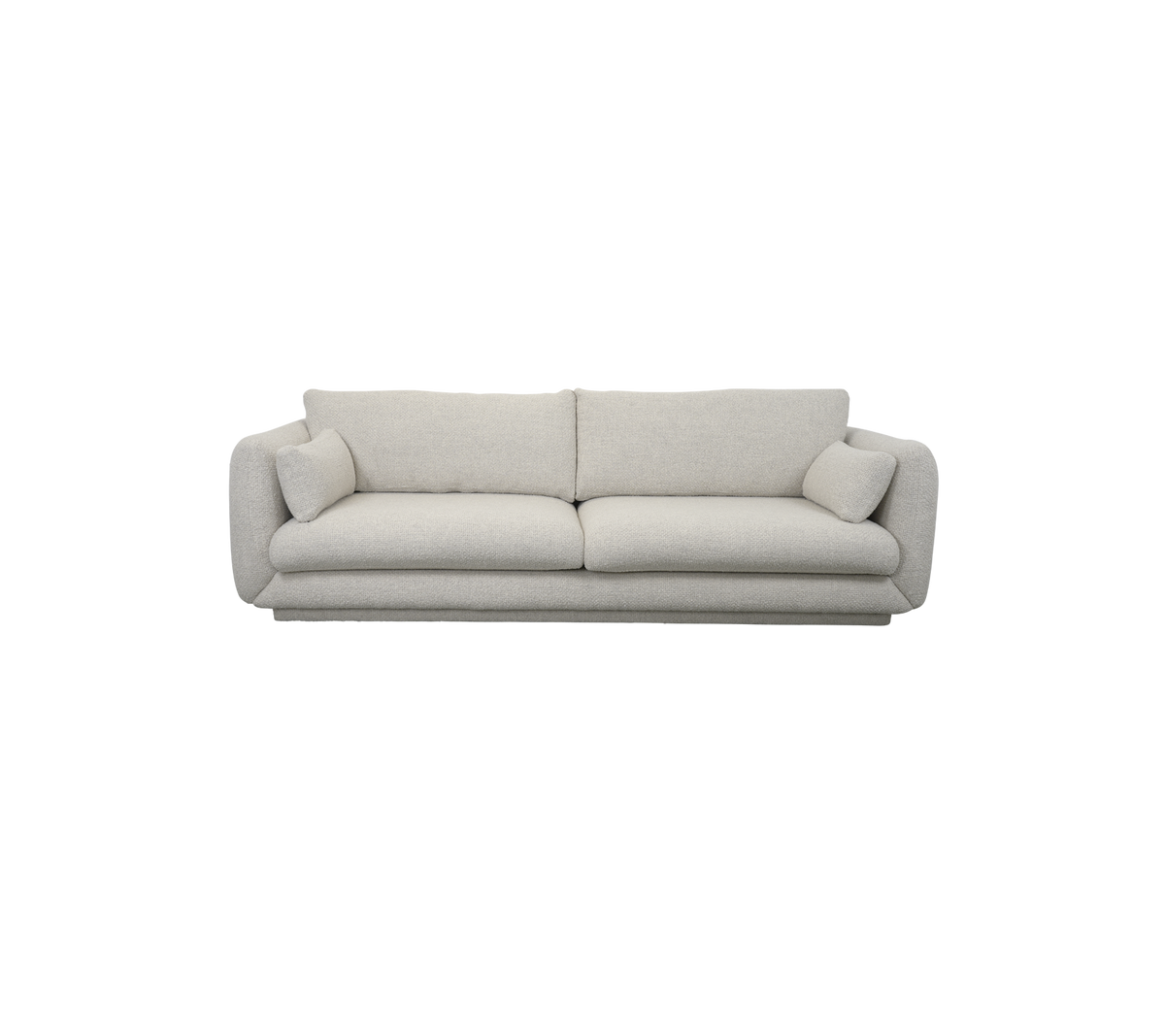 Un canapé moderne, de couleur claire, avec des coussins moelleux et deux coussins décoratifs à chaque extrémité, conçu pour le confort et le style.