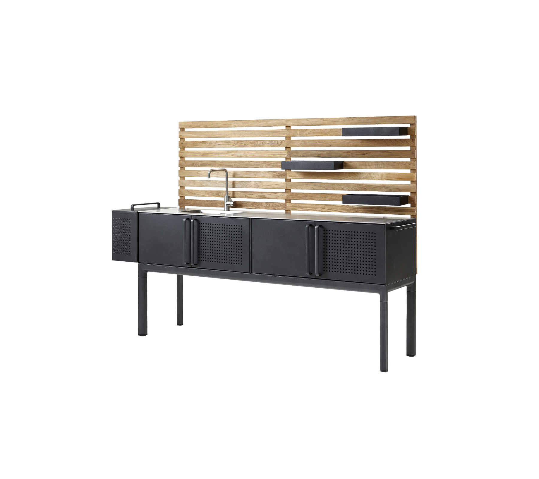Armoire moderne avec une finition noire élégante, comprenant quatre compartiments de rangement et un dos en lamelles de bois avec espace de rangement. Parfait pour une organisation élégante.