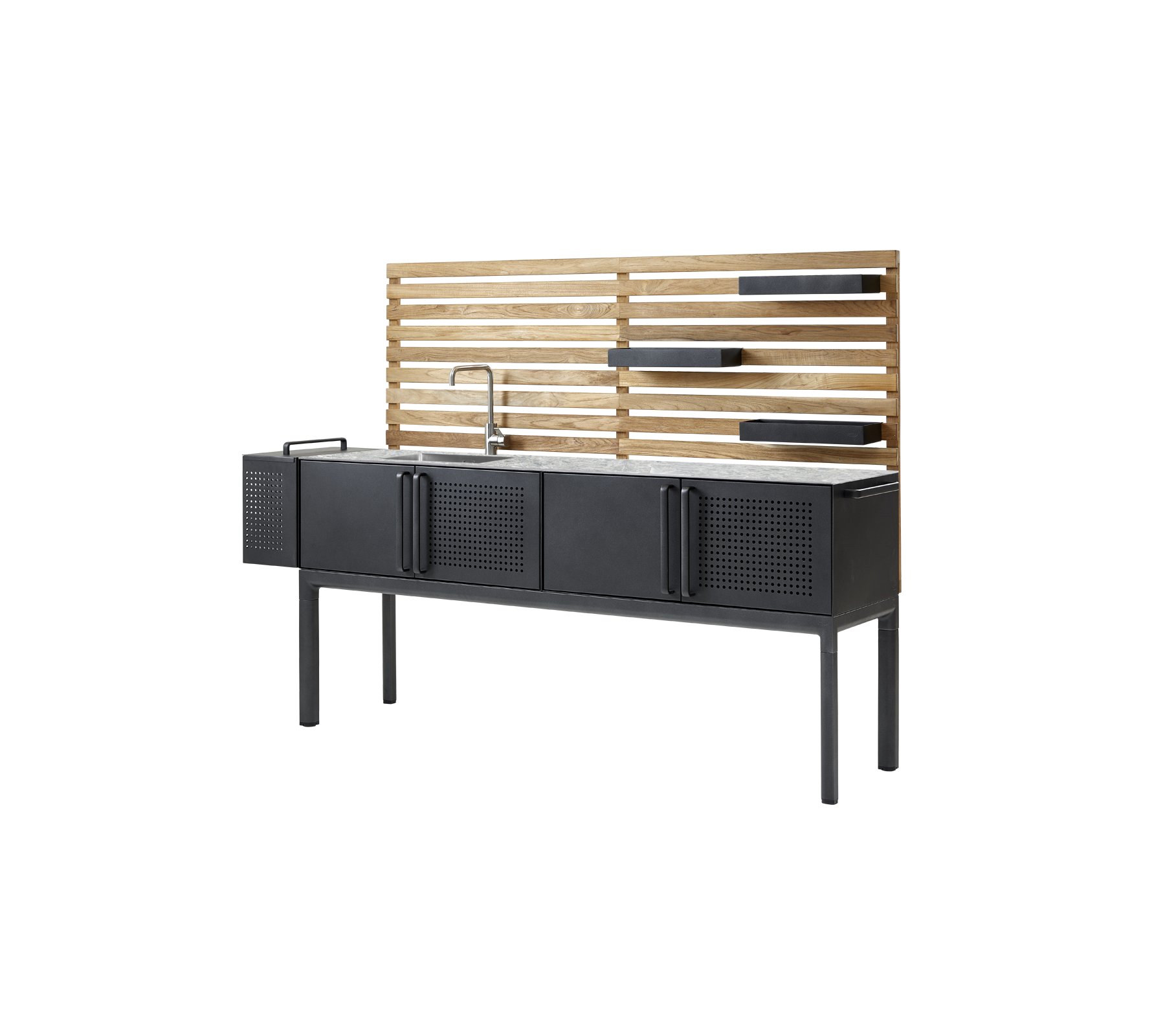 Une unité de cuisine moderne avec une base en métal élégant, plusieurs armoires de rangement et un fond en bois avec des étagères. Idéal pour les espaces organisés.