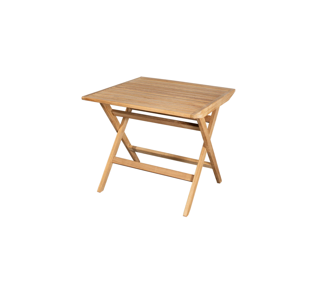 Table en bois compacte avec un dessus en lattes et des pieds croisés, parfaite pour un usage polyvalent dans divers environnements.