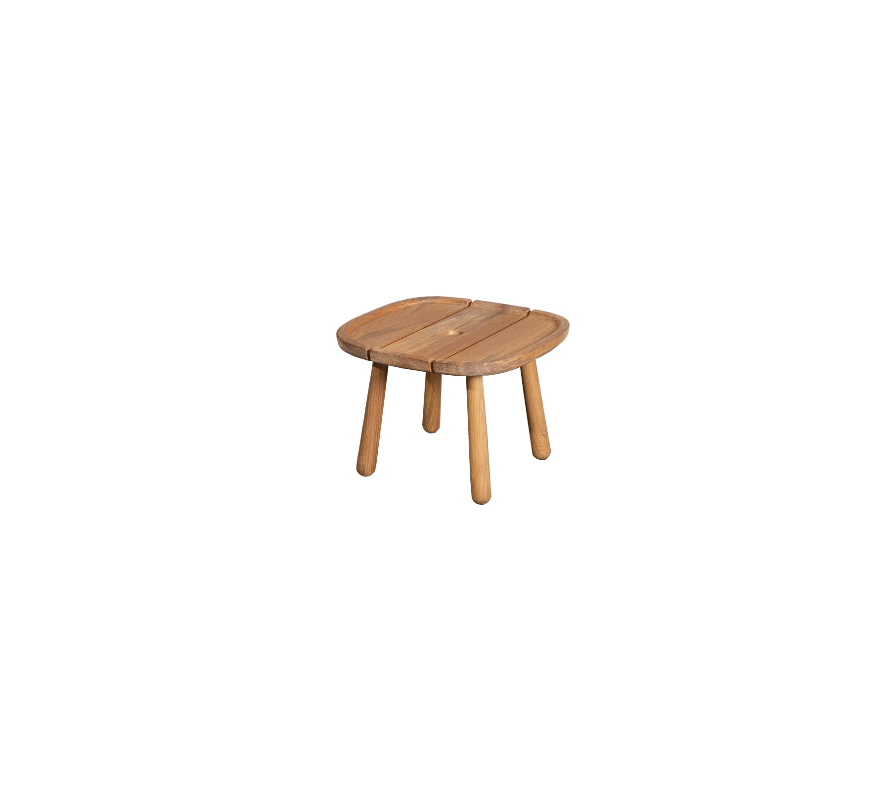 Petite table en bois avec un dessus carré arrondi et quatre pieds solides, parfaite pour diverses utilisations dans un cadre élégant.