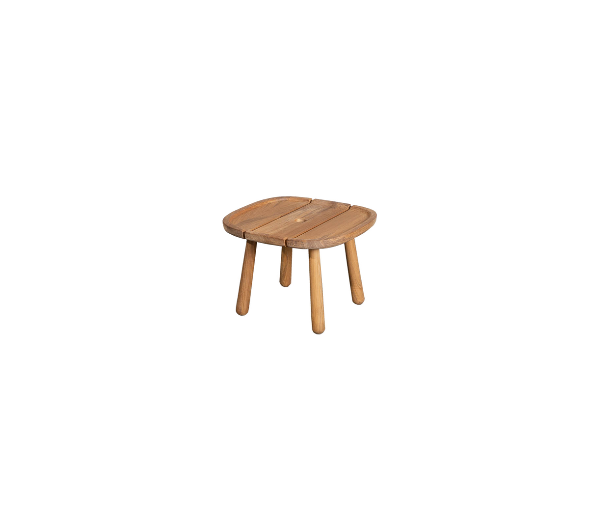 Petite table en bois avec un dessus carré arrondi et quatre pieds solides, parfaite pour diverses utilisations dans un cadre élégant.
