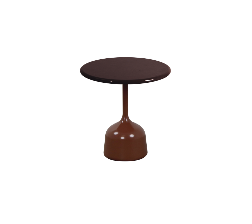 Table brune moderne avec un dessus et une base ronds.