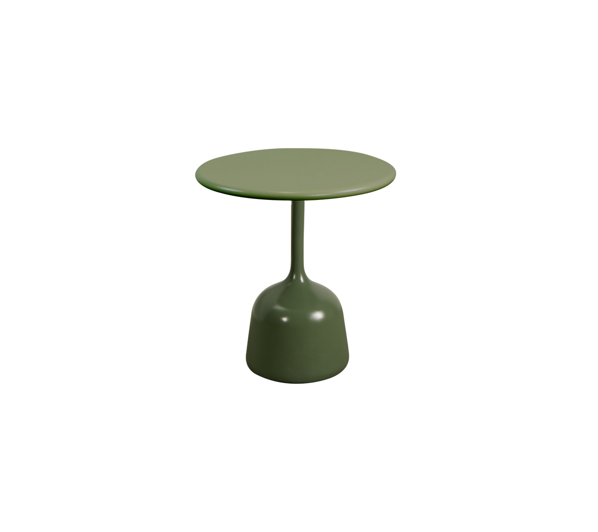 Petite table ronde au design simple et à la finition verte solide, avec un dessus lisse soutenu par une base arrondie.