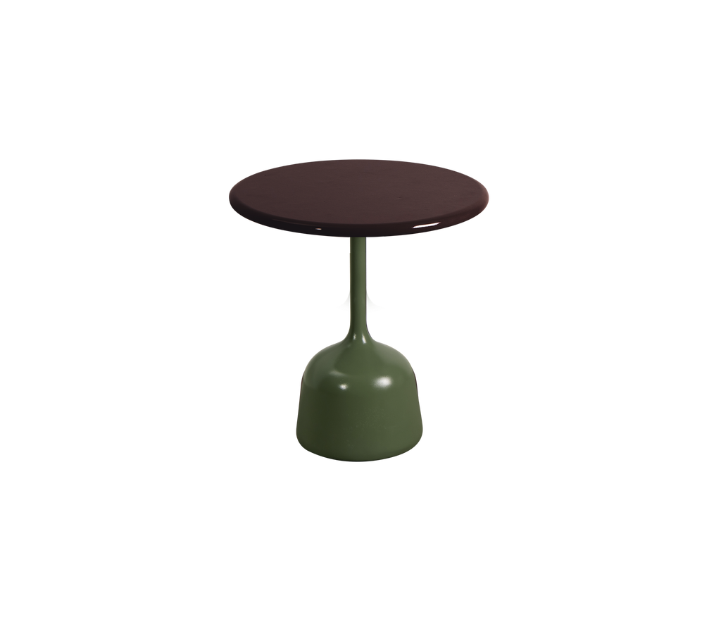Table ronde avec base vert olive et dessus marron.