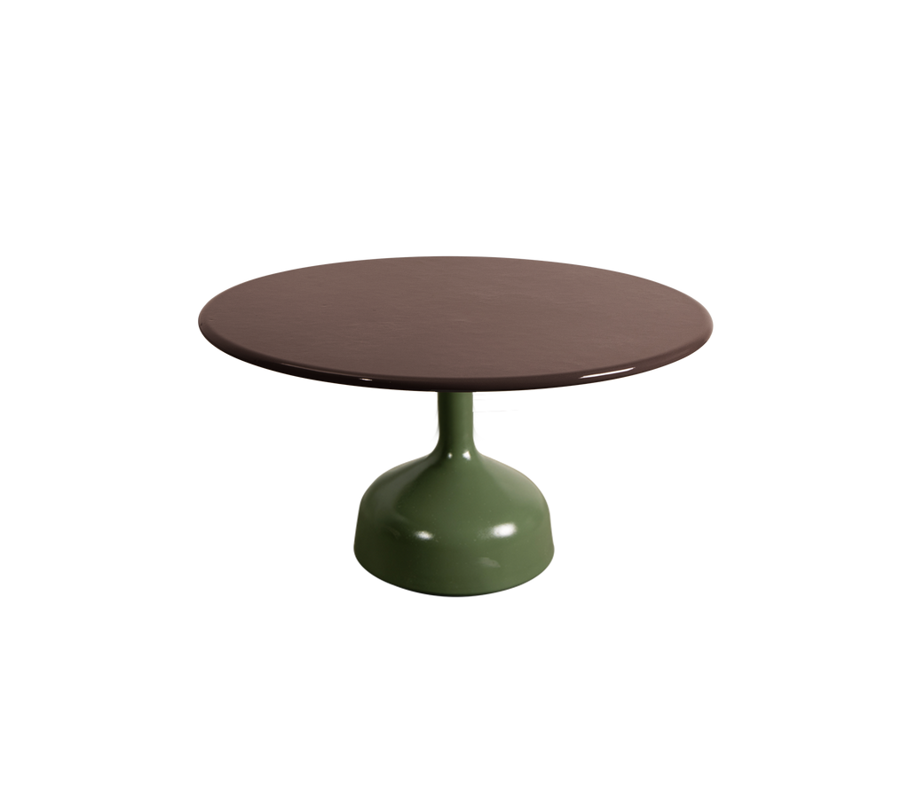 Table ronde avec une base vert olive et un dessus bordeaux.