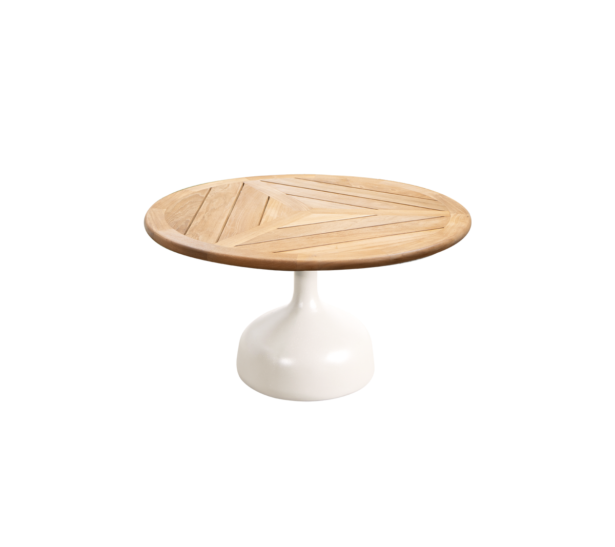 Table ronde avec un plateau en bois à motifs géométriques et une base élégante en blanc. Idéale pour des espaces modernes et stylés.