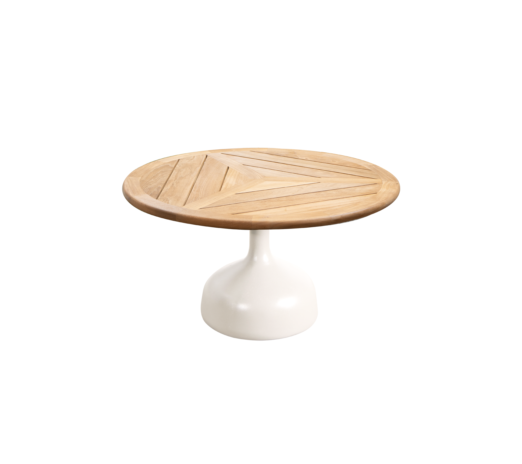Table ronde avec un plateau en bois à motifs géométriques et une base élégante en blanc. Idéale pour des espaces modernes et stylés.