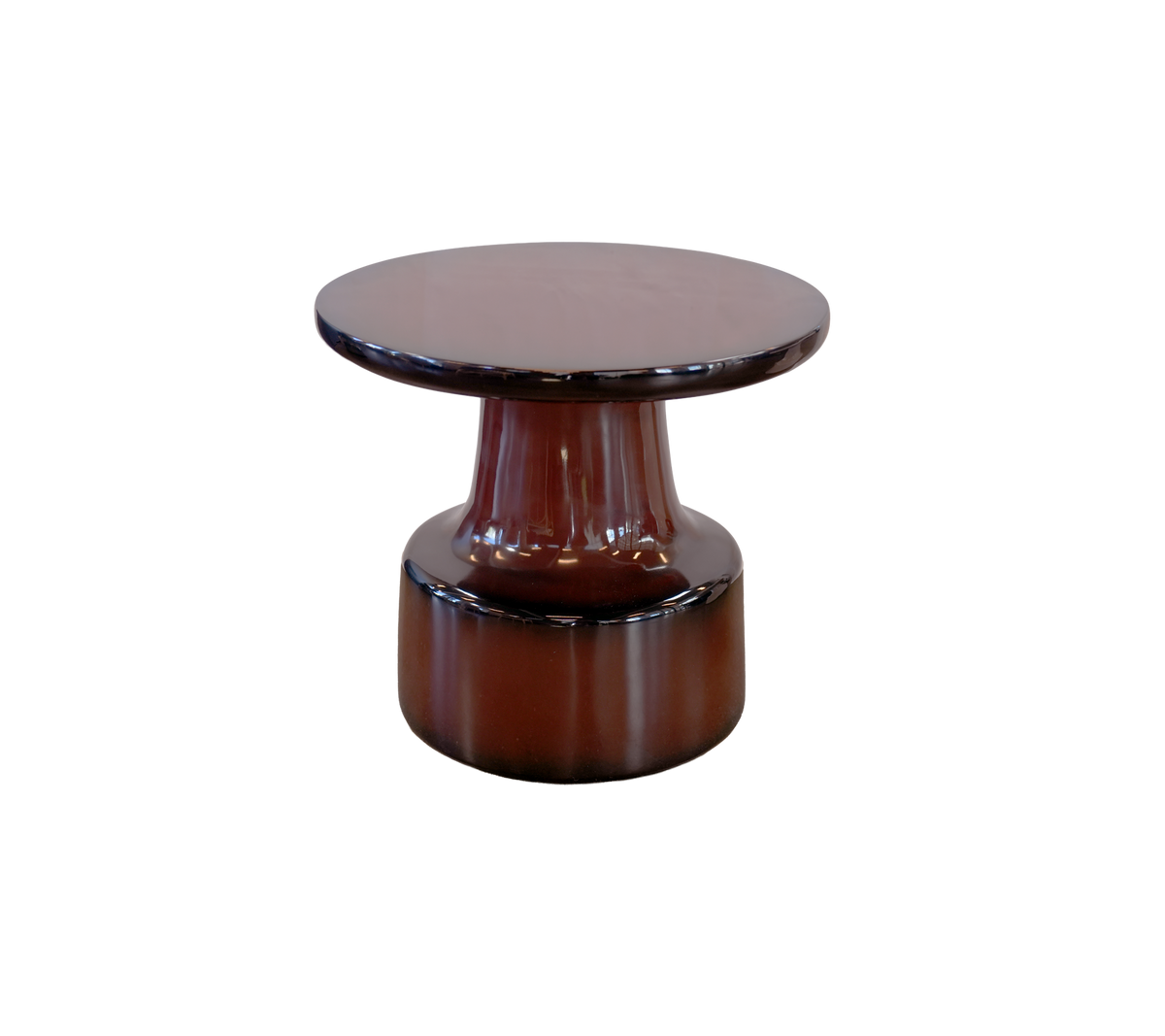 Table bordeaux avec un plateau rond et une base cylindrique.