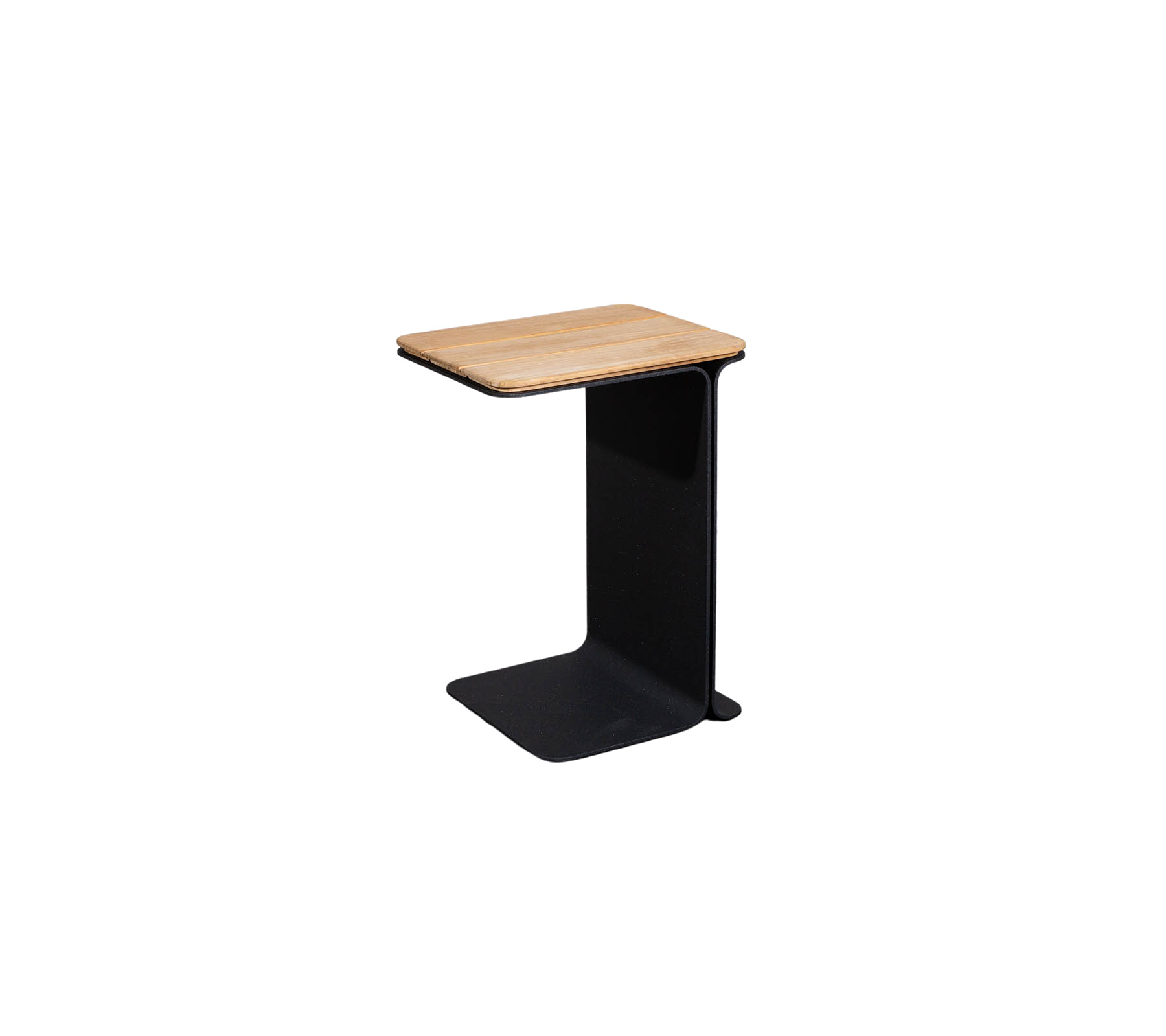 Table d'appoint minimaliste avec un plateau en bois et une base noire élégante, idéale pour une décoration moderne.