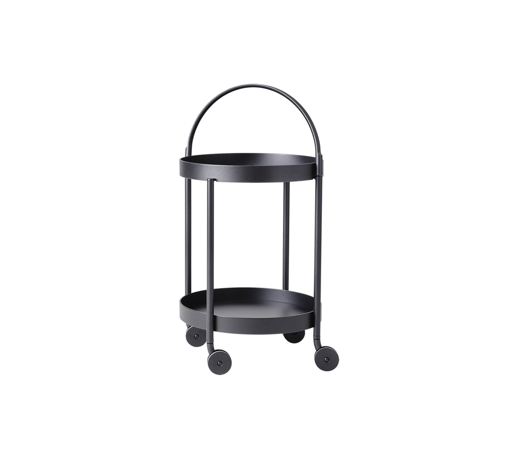 Chariot de service noir à deux niveaux sur roulettes avec une poignée courbée et un design minimaliste, idéal pour un rangement et une présentation polyvalents.