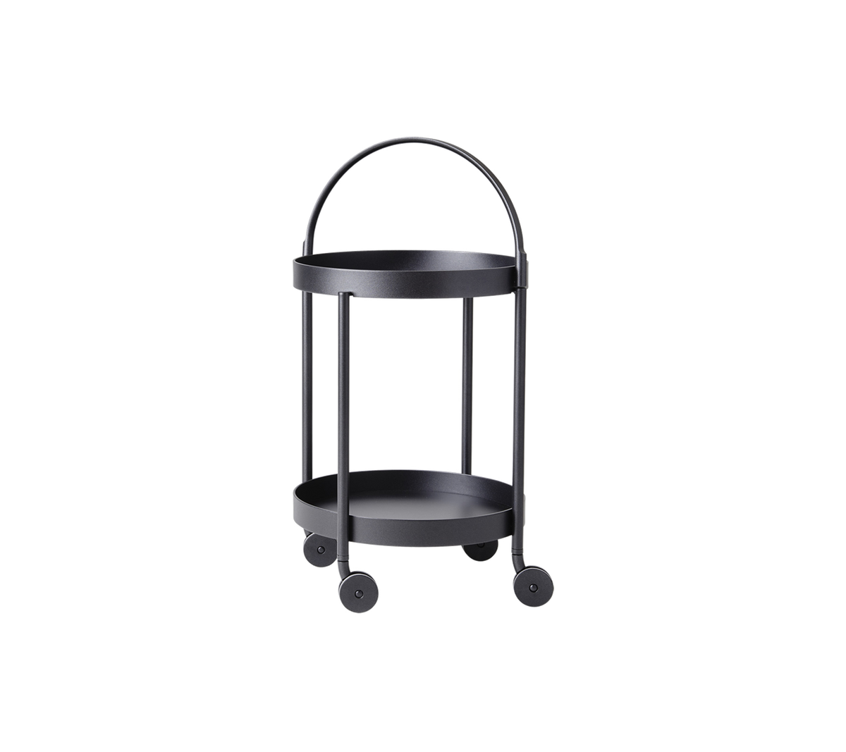 Chariot de service noir à deux niveaux sur roulettes avec une poignée courbée et un design minimaliste, idéal pour un rangement et une présentation polyvalents.